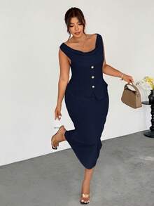 Firerie Conjunto de 2 piezas elegante con top de escote pronunciado y diseño de botones y falda midi para mujer de talla grande - Azul Marino - Ver 4
