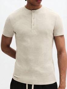 SUMWON Camiseta Henley con botones en el frente, manga corta, textura acanalada, básica y casual, esencial para el verano y la primavera, cómoda y de corte relajado - Albaricoque - Ver 5