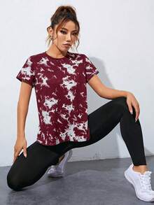 SHEIN Sports 女士扎染撞色网眼短袖运动T恤 - 酒紅色 - 查看 3