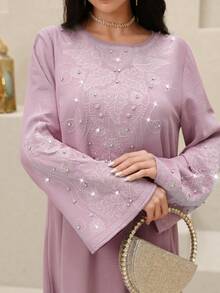 Al Najma Women's Rhinestone Decor Round Neck Long Sleeve Elegant Arabic Style Dress - Mauve Purple - View 3
