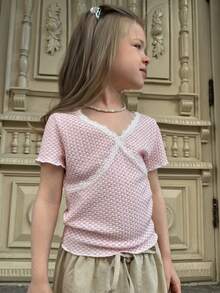 DAZY Áo croptop ôm sát cổ chữ V có viền bèo nhún, áo thun dễ thương cho bé gái (size nhỏ). - Hồng - Xem 7
