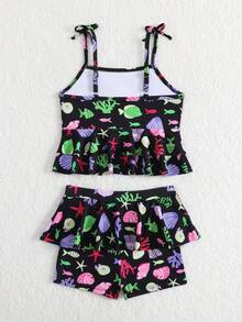 SHEIN 年轻女孩夏季海滩全印花分层吊带背心和平角短裤比基尼泳装套装 - 黑色 - 查看 2