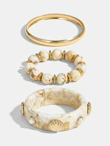 Lumivelle 3pcs Bohemian Gradient Resin Multilayer Shell & Faux Pearl Bracelet/Bangle Set, Suitable For Women To Wear In Daily, Vacation, Casual Gathering, Party, Jewelry Gifts, Color Random - Multicolor - View 1