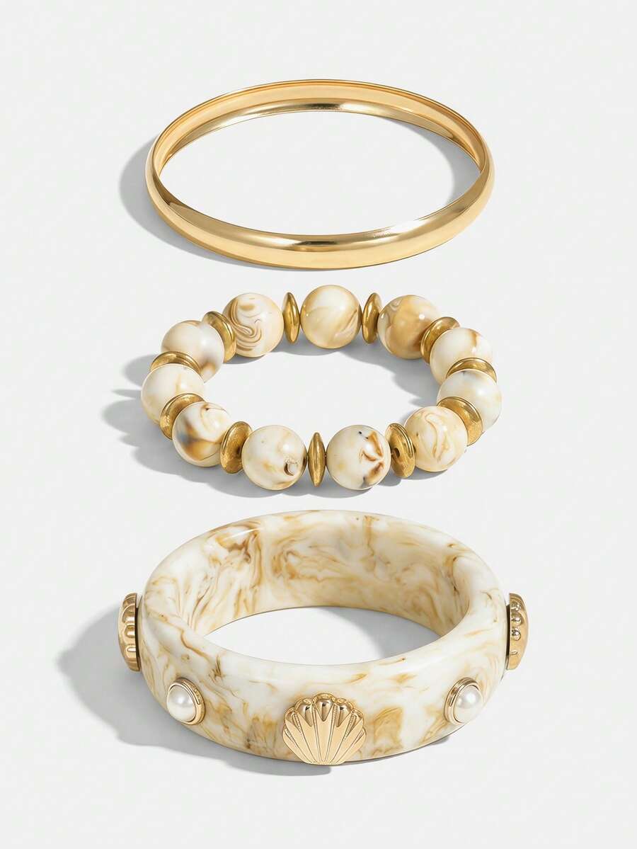 Lumivelle 3pcs Bohemian Gradient Resin Multilayer Shell & Faux Pearl Bracelet/Bangle Set, Suitable For Women To Wear In Daily, Vacation, Casual Gathering, Party, Jewelry Gifts, Color Random - Multicolor - View 1