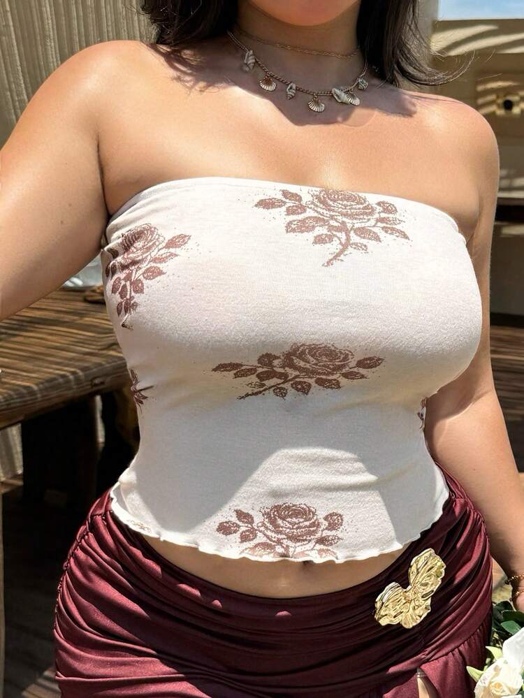 Dazy Plus Stretchy Floral Print Bodycon Sexy Revealing Blogger Style Crop Top, Plus Size For Women Spring/Summer