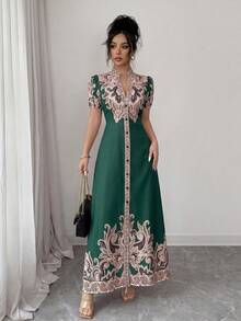 Vestido elegante de línea A con estampado digital de retazos, cuello en V profundo y cintura ceñida, color albaricoque, adecuado para cenas formales, citas y bodas de mujeres (estampado de colocación) - Verde Oscuro - Ver 3