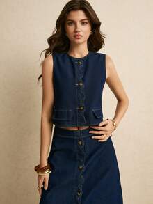 Poéselle Bộ áo vest và chân váy denim không tay cài cúc đơn dành cho nữ, thích hợp mặc hàng ngày đi làm, mùa xuân/hè. - Rửa trung bình - Xem 6