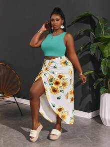 Slaydiva Plus Size Women Solid Color Versatile Tank Top And Floral Print Asymmetrical Hem Ruched Slit Skirt 2 Pieces Set Beach Vacation Teal White Summer Boho - Mint Blue - View 3