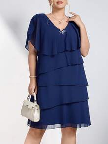 Chikora Plus Size Women's Summer Simple Solid V-Neck Ruffle Bow Decor Dress - Navy Blue - View 4