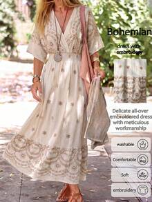 SHEIN Holidaya Summer Bohemian Fully Embroidered Elegant Dress, Suitable For Beach Vacation - Apricot - View 6