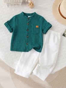 SHEIN LMoss Kids Bộ đồ đôi cho bé trai/bé gái, kiểu dáng đơn giản, tay ngắn và quần dài cạp chun, thích hợp cho kỳ nghỉ hè/thu. - Nhiều màu - Xem 8