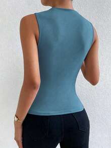 Chiquease Áo tank top nữ màu trơn cổ xếp ly dáng casual đa năng - Màu xanh hải quân - Xem 2