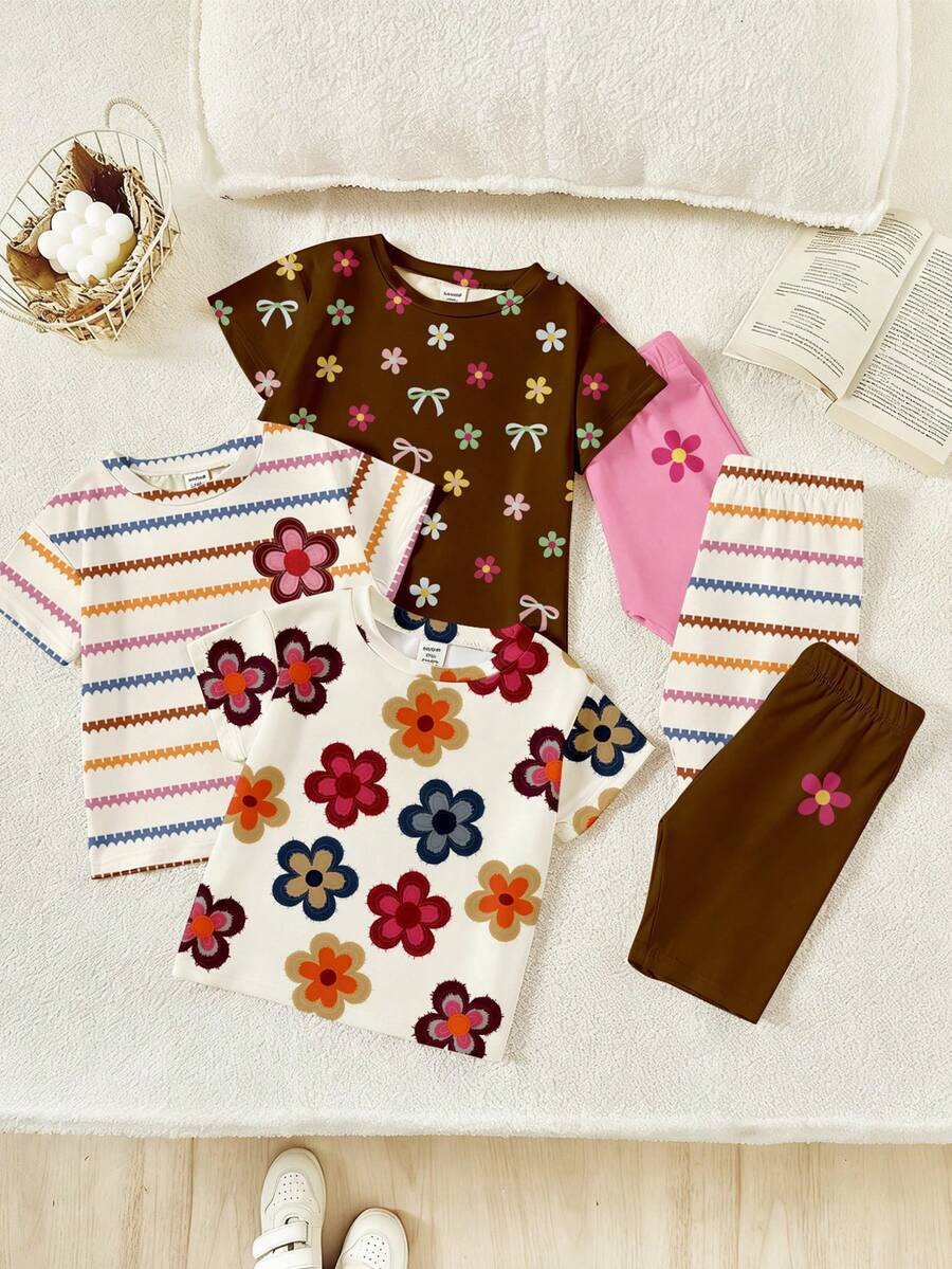 3pcs/Set Baby Girls' Casual Cute Floral, Leopard Bow, And Minimalist Letter Print Short Sleeve Round Neck T-Shirt And Matching Shorts Set, Suitable For Spring To Summer Outings And Vacations - Multicolor - View 1