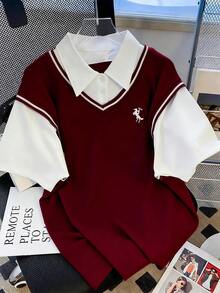 Lalippa Camiseta de cuello polo minimalista y de moda para mujer con bordado, regalo para amigos - Burdeos - Ver 3