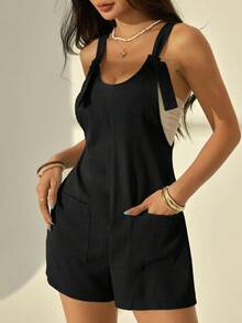 SHEIN PETITE Women's Solid Color Dual Pocket Design Casual Romper - Black - View 7