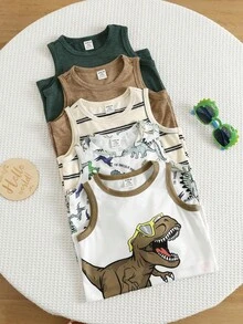 SHEIN Set de 5 piezas para bebé niño recién nacido de verano: Enterizo de punto con estampado de dibujos animados y rayas, sin mangas; Conjunto básico de bodys; Enterizo con diseño de dinosaurio; Shorts de enterizo a rayas - Multicolor - Ver 5