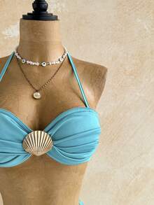 Soleia Women's Solid Color Metal Shell Decor Halter Tie Top And Mini Skirt Sexy Tropical Vacation Outfit Beach Teal - Teal Blue - View 4