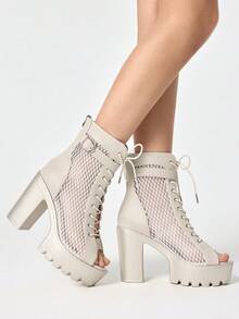ROMWE Fairycore Women Heeled Sandals~ 2026 New Fashion Spring And Autumn Jazz Dance High Heels Peep Toe Sandals Women Thick Heel Hollow Ankle Boots Lace Up Thick Heel Dance Cool Boots Women Y2K - Khaki - View 3