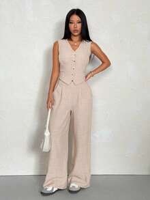 SHEIN PETITE Women's Solid Color Single-Breasted Vest And Pants Casual Suit Set ,Petite Women - Khaki - View 5