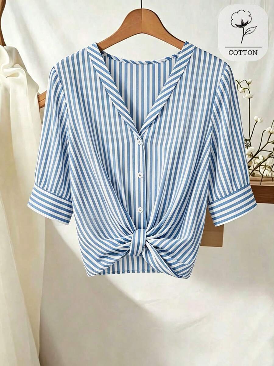 SHEIN Franclia Áo sơ mi nữ tay ngắn kẻ sọc, cài một hàng khuy, kiểu dáng thường ngày, thích hợp đi làm. - Xanh và trắng - Xem 1