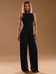 SHEIN BAE Bộ jumpsuit dài ống rộng không tay thanh lịch, đa năng cho mặc hàng ngày, hẹn hò, đi chơi, dự tiệc, tụ họp - Jumpsuit bất đối xứng, Jumpsuit ống rộng, Jumpsuit ngày Valentine, Jumpsuit mặc thường ngày, Jumpsuit thanh lịch - màu đen - Xem 7