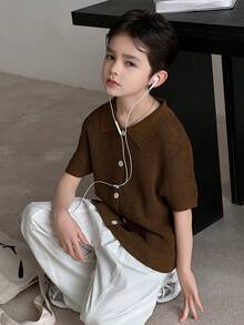 Dazy Kids Tween Boy Solid Color Single-Breasted Casual Versatile Everyday Knit Top Summer - Brown - View 5