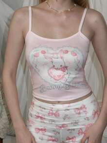 Kawaii Bộ đồ 2 món ROMWE X Elena Katey Xuân/Hè in hình thỏ gợi cảm, họa tiết bánh ngọt, gồm áo hai dây và quần ống rộng cạp thấp dành cho nữ. - Hồng - Xem 5