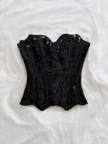 Soleia Áo corset ren hai lớp ôm sát gợi cảm kiểu Âu và Mỹ, áo liền thân thêu rỗng, trang phục dự tiệc đêm màu trắng cho nữ, đi chơi, dự đám cưới, mùa thu - màu đen - Xem 4
