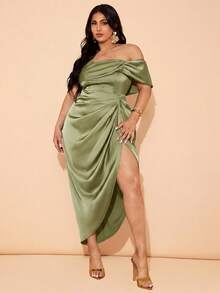 SHEIN BAE Plus Size Women Elegant Draping Mid-Length Dress, Suitable For Weddings, Bridesmaid, Cocktail And Formal Occasions - Mint Green - View 3