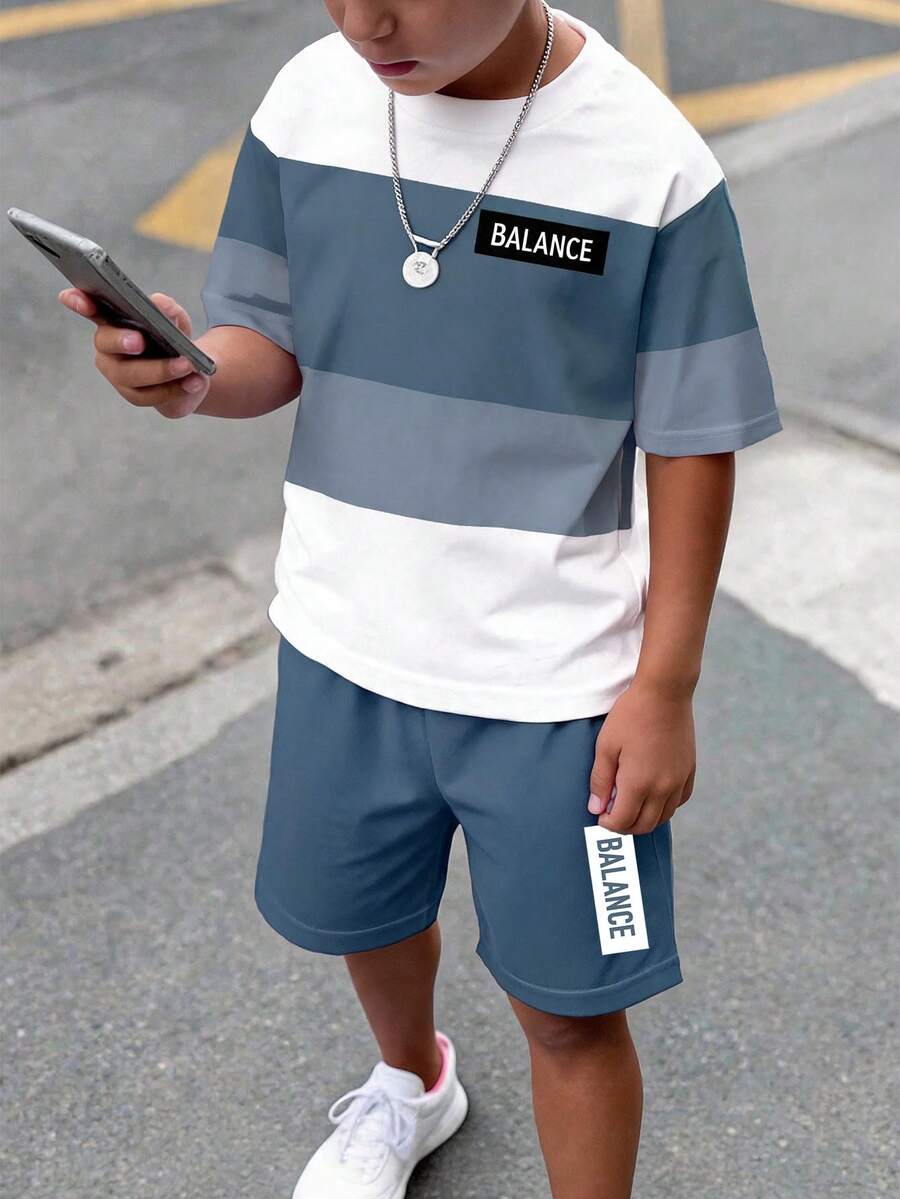 Young Boy Casual Simple Short Sleeve Crew Neck T-Shirt And Shorts Set Suitable For Summer, Classic Cool Square Split Pattern Print, Cool Exquisite Small Logo Text Pattern Print - Multicolor - View 1