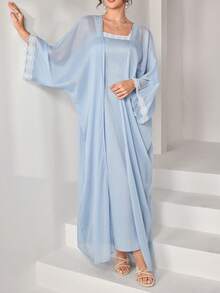 Al Najma Đầm hai dây ren thanh lịch ôm eo, phối cùng áo khoác cardigan mở phía trước, thích hợp cho mùa xuân/hè. - Màu xanh lam - Xem 3