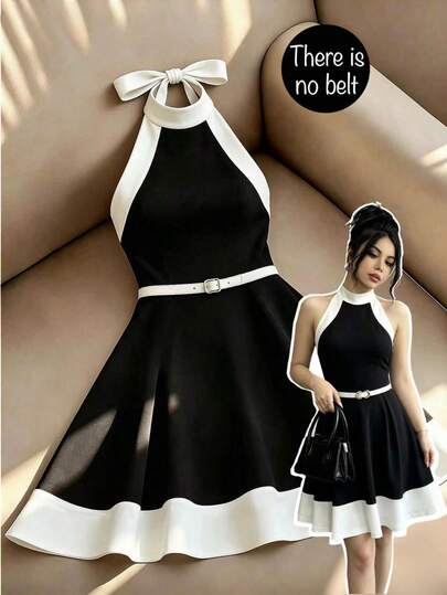 Franclia Black & Apricot Color Block Elegant Date/Commute Dress With Bow Decor, Fitted Waist, Suitable For Vacation