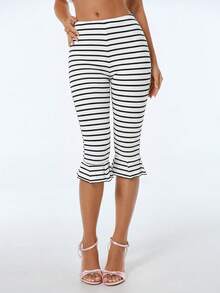 SHEIN ICON Quần nữ dáng ôm, kẻ sọc, có bèo nhún ở gấu quần. - Đen và trắng - Xem 4
