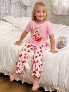 Strawberry Shortcake X SHEIN Young Girl Cartoon Print Round Neck Short Sleeve Top And Strawberry Print Pants Pajama Set - Baby Pink - View 7