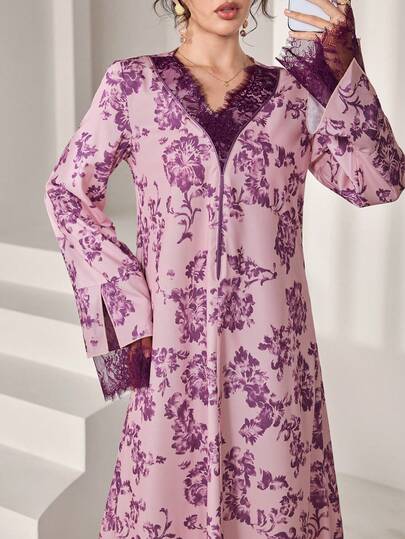 Al Najma 紫色花卉蕾丝边阿拉伯风格女式连衣裙