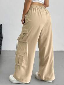 SHEIN CURVE+ Celana Kargo Wanita Ukuran Besar Kasual Longgar Kaki Lebar - Khaki - View 2