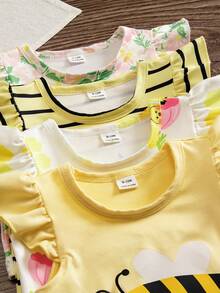 SHEIN 6件組女嬰軟綿夏季配色休閒可愛時尚心形豹紋花卉T恤上衣&短褲套裝，適合春夏季假期 - 黃色 - 查看 4