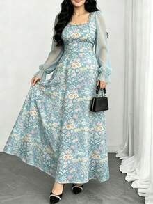 Modelyn Traumhaftes Blümchen Muster mit Stickerei Große Größen Hellblau Kleid, Damen Mode Quadratischer Ausschnitt Laternärmel Einfaches Langes Kleid, Sommer Taille Raffung Elegantes Maxikleid, geeignet für Sommerurlaub und täglichen Gebrauch - Verschiedenfarbig - Übersicht 3