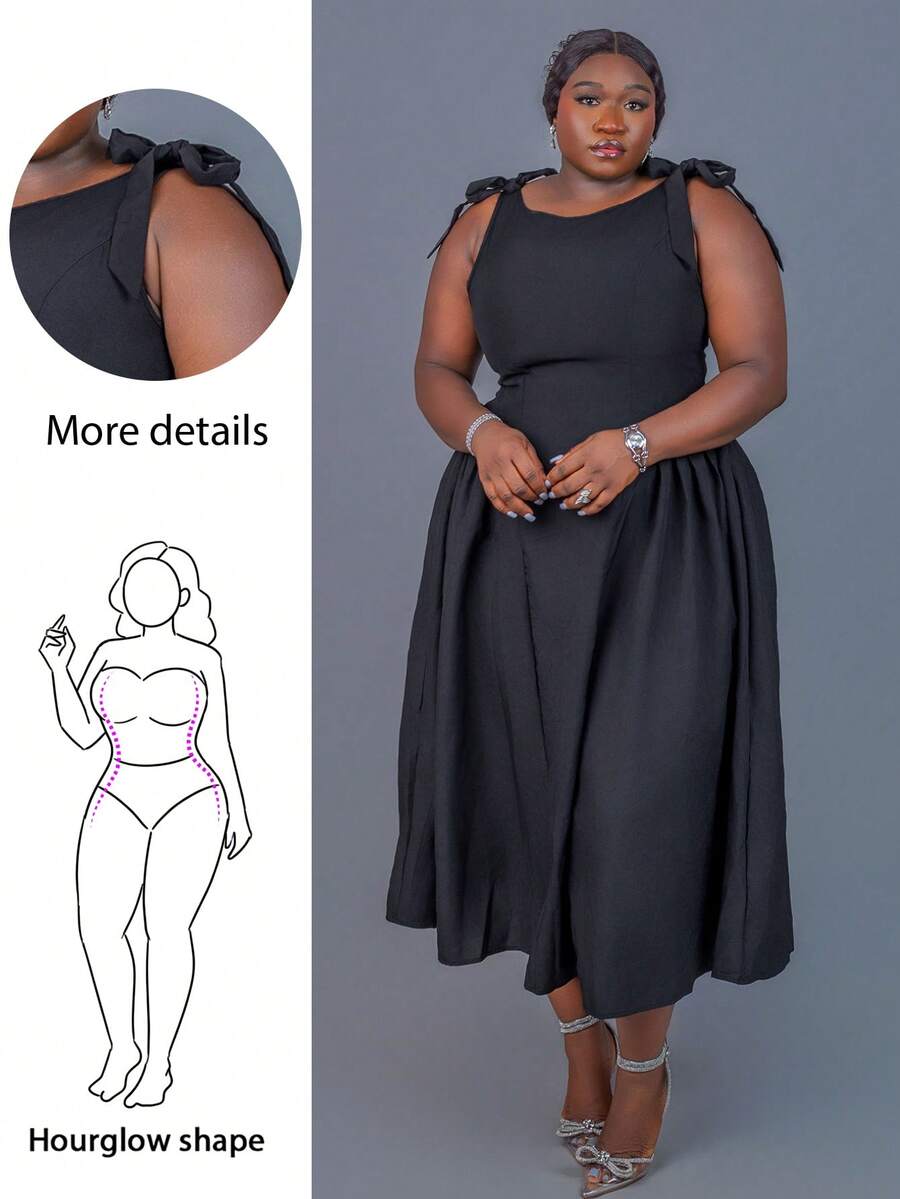 CurvyTilda Plus Size Crew Neck Sleeveless Bow Decor Waist Flare Hem Black Casual Christmas Dress, For Hourglass Body Shape - Black - View 1