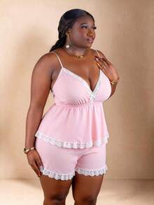 CurvyTilda Plus Size Pink & White Lace Patchwork Camisole Top And Shorts 2 Pieces Set, For Hourglass Body Shape - Pink - View 3