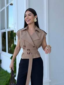 Yohana Edit Áo khoác dài cổ bẻ thắt lưng màu kaki, áo khoác cổ điển, áo khoác mùa đông, trang phục ngày lễ - Màu Khaki - Xem 1