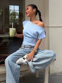 Muchica Women's Solid Color Asymmetrical Shoulder Casual Versatile Knit Top For Daily Wear - Blue - View 4
