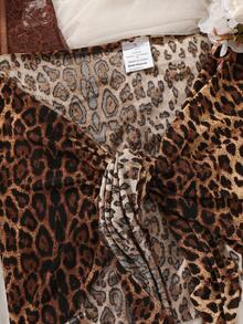 SHEIN 2pcs  Lace Up Bodysuit & Mini Skirt Sexy Set, Going Out Leopard Print Lingerie - Coffee Brown - View 8