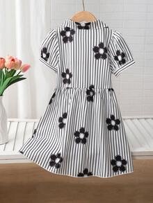 SHEIN Playful Pals 女童休闲时尚格子蝴蝶结印花泡泡袖衬衫裙，适合春夏外出、户外、上学和日常穿着 - 黑色 - 查看 2