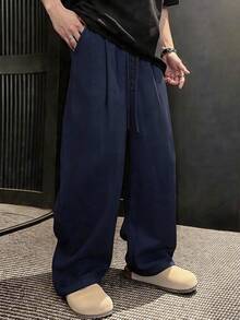 Manfinity Hypemode Men's Loose Casual Solid Color Pants - Navy Blue - View 3