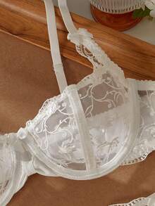 Crystal Vow 2件套女士性感蕾丝拼接蝴蝶结装饰文胸和内裤套装 - 白色 - 查看 5