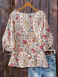 Linhara Camisa de manga corta holgada con estampado floral diminuto, estilo suave retro - Rosa - Ver 2
