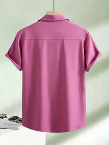 Manfinity Homme Men's Solid Color Single-Breasted Short Sleeve Shirt (Irregular Cut), Formal - Red Violet - View 2