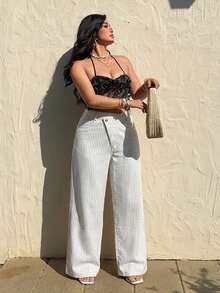 Sunnyshic Asymmetrical Waist Casual Vacation Striped Denim Pants - Black and White - View 6