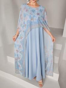 SHEIN Najma Đầm dài dáng xòe cổ tròn, chất liệu chiffon in họa tiết thanh lịch, kiểu dáng truyền thống Thổ Nhĩ Kỳ và Ả Rập dành cho phụ nữ. - Màu xanh lam - Xem 6